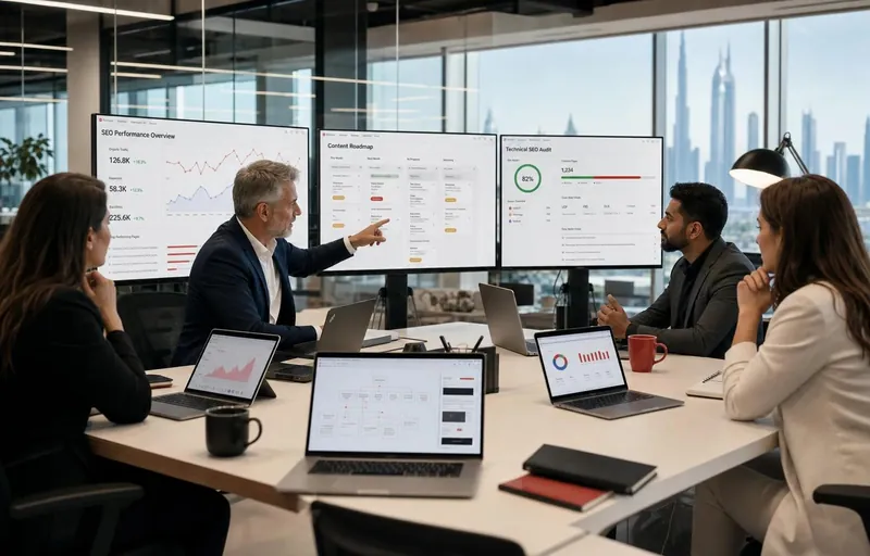 SEO strategy session in Dubai reviewing an SEO performance overview, content roadmap and technical SEO audit on three screens